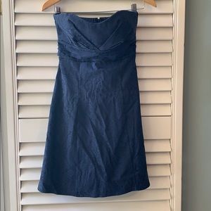 Strapless navy paisley print semi-formal dress